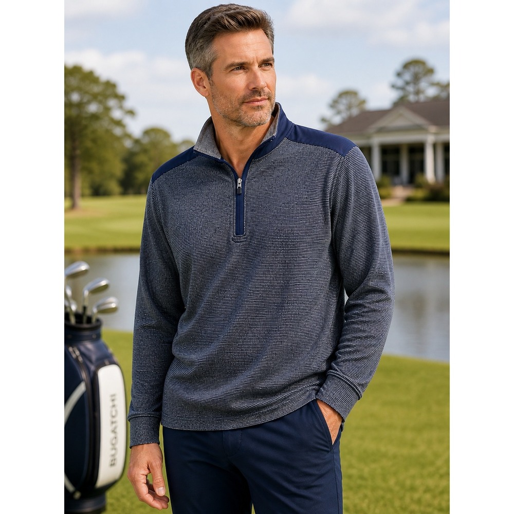 Bugatchi Quarter Zip Cotton Knit Pullover Mens XXL Blue Gray Stripe
